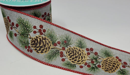 10 Yards - 2.5” Wired Holiday Pinecone Berry Ribbon with Glitter Accent