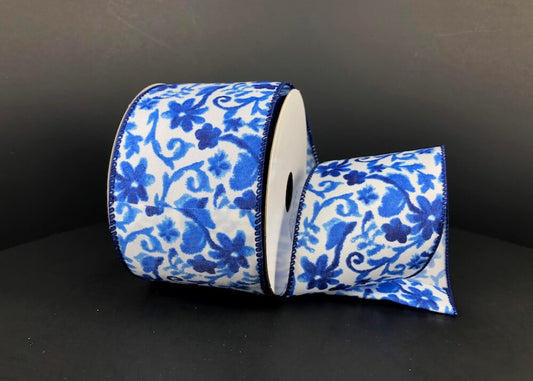 10 Yards - 2.5" Wired White Background Blue Floral Ribbon