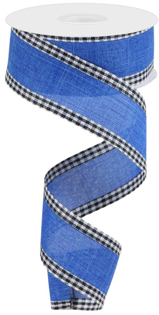 10 Yards - 1.5" Wired Blue Ribbon with Black and White Gingham Check Edge Ribbon