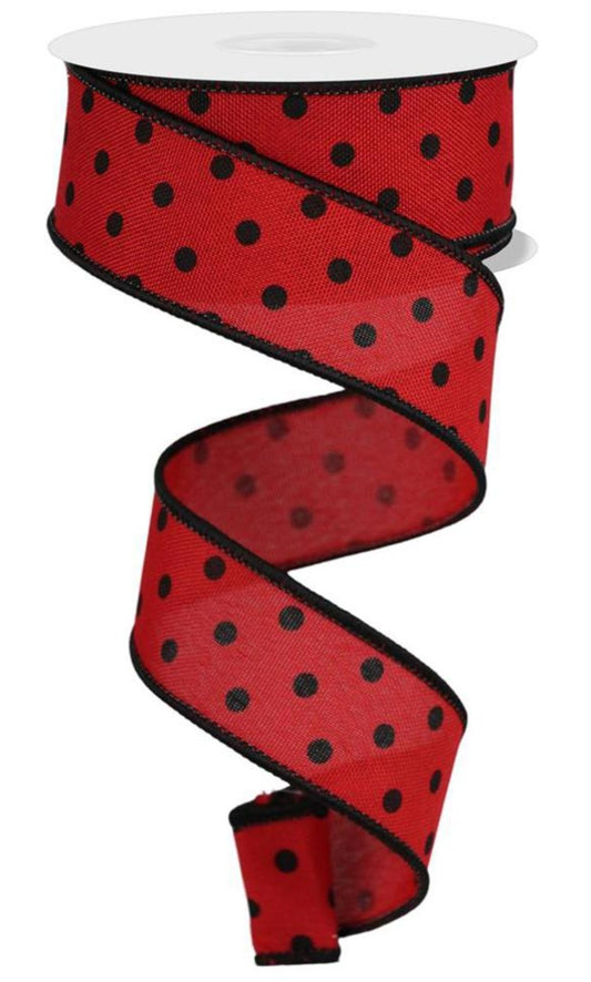 10 Yards - 1.5" Wired Red and Black Polka Dot Ribbon