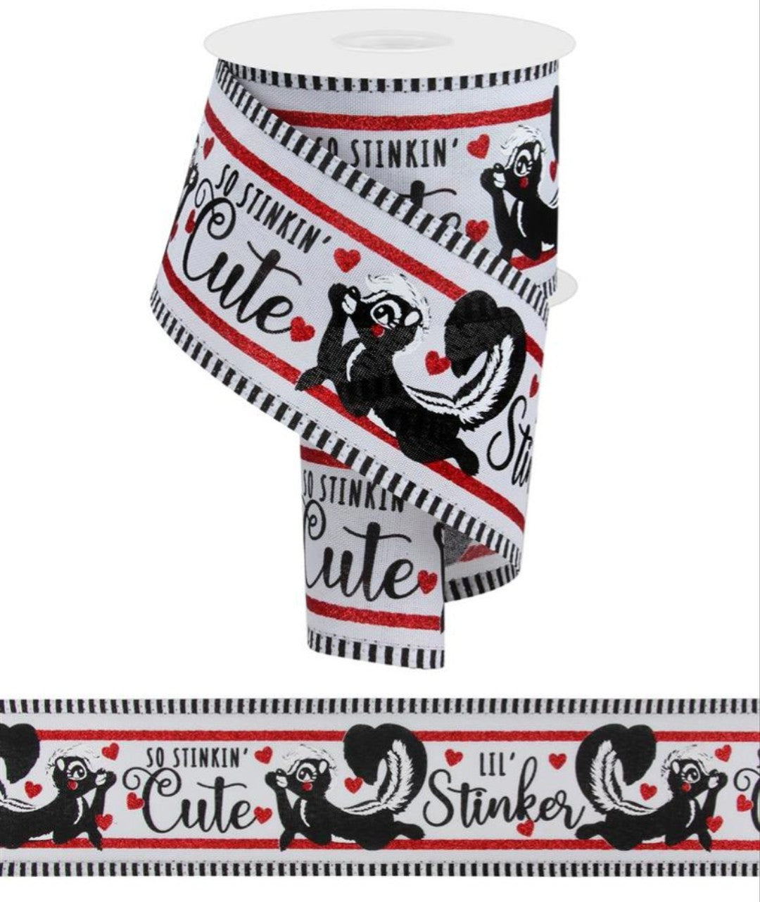 10 Yards - 2.5” Wired So Stinkin' Cute Valentines Skunk Ribbon with Glitter Accent and Stripe Edge