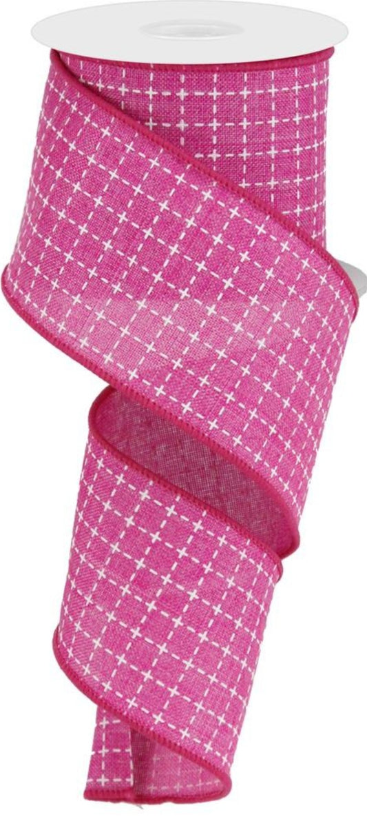 10 Yards - 2.5" Wired Fuschia Pink and White Faux Stitched Check Ribbon