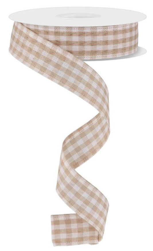 10 Yards - 7/8" Wired Tan and White Gingham Check Ribbon