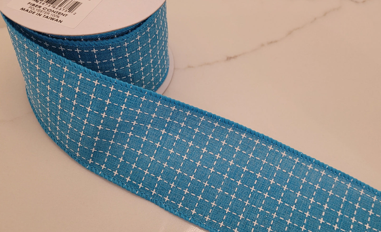 10 Yards - 2.5" Wired Blue and White Faux Stitched Check Ribbon