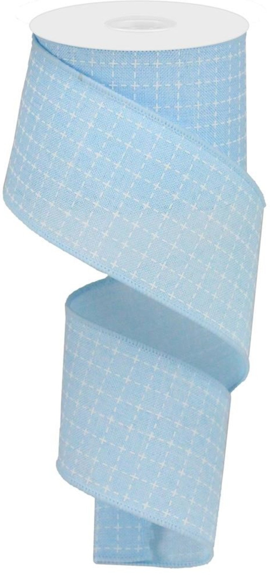 10 Yards - 2.5" Wired Light Blue and White Faux Stitched Check Ribbon