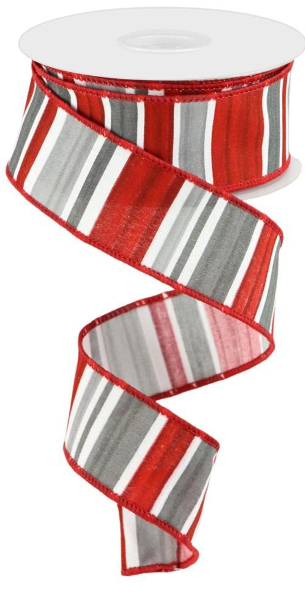 10 Yards - 1.5" Wired Red, Gray, and White Stripe Ribbon