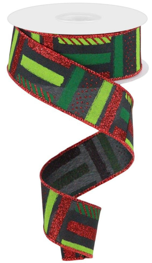 10 Yards - 1.5" Wired Black, Red, and Green Brushstroke Dot Ribbon