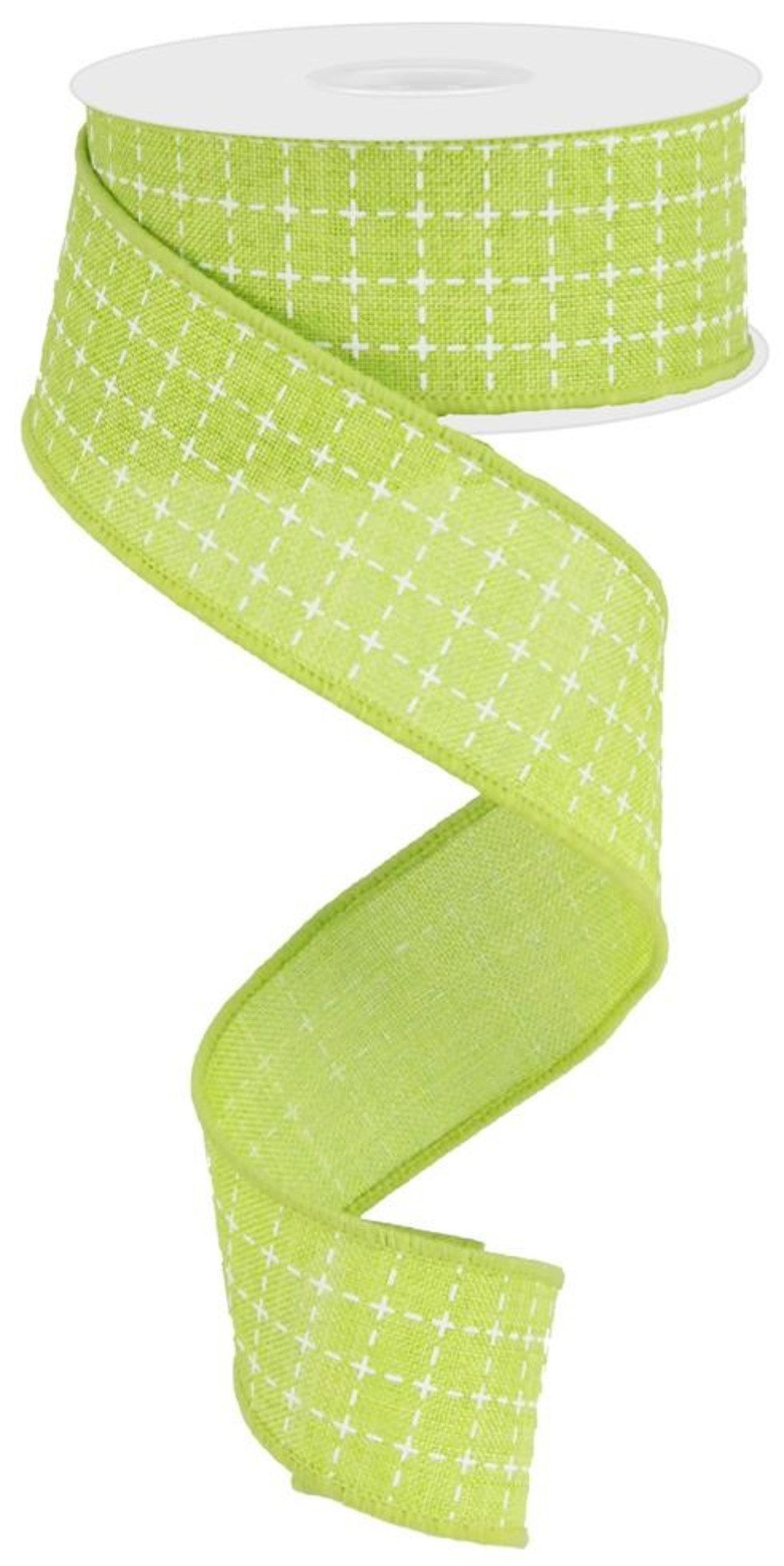 10 Yards - 1.5" Wired Lime Green and White Faux Stitched Ribbon