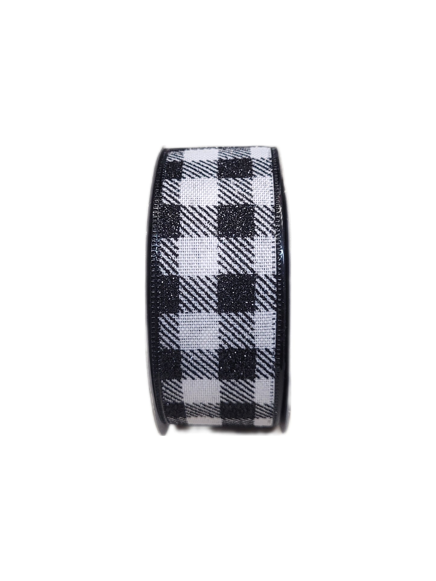 10 Yards - 1.5" Wired Black and White Check Ribbon with Glitter Accent