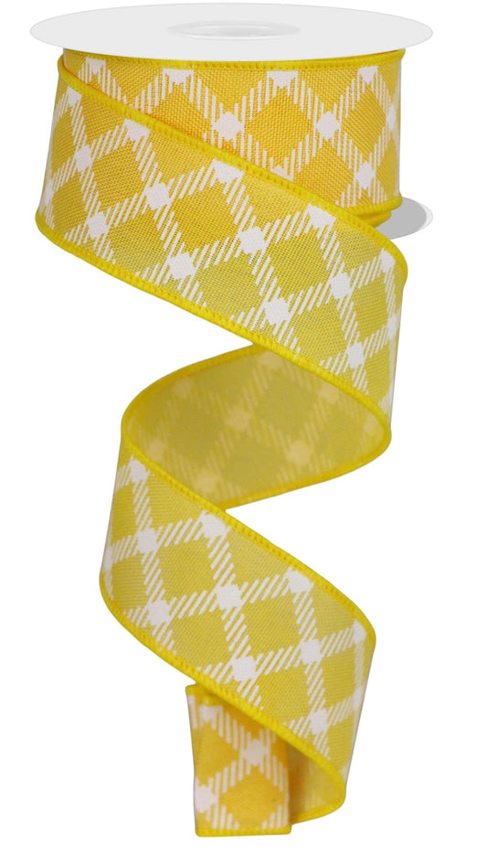 10 Yards - 1.5" Wired Yellow and White Cross Plaid Ribbon