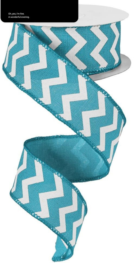 10 Yards - 1.5" Wired Turquoise and White Chevron Ribbon