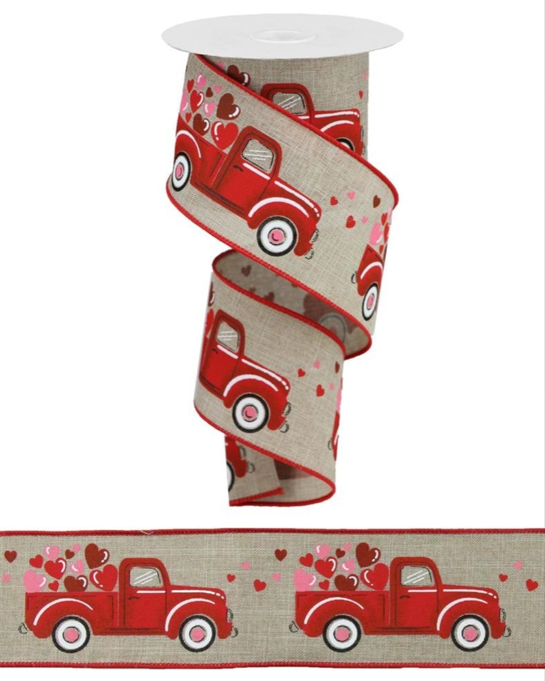 10 Yards - 2.5" Wired Natural Background Red Valentines Truck Ribbon