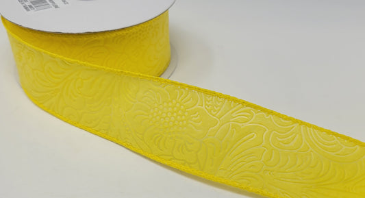 10 Yards - 1.5" Wired Yellow Floral Embossed Ribbon