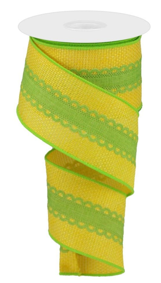 10 Yards - 2.5" Wired Lime Green and Yellow Scalloped Center Ribbon