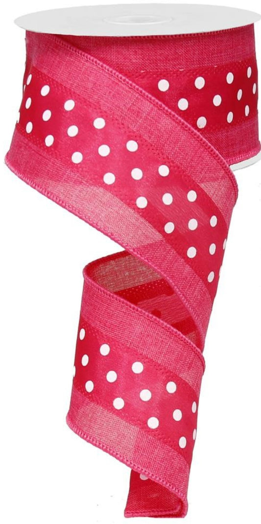 10 Yards - 2.5" Wired Hot Pink and White Polka Dot Ribbon with Pink Edge