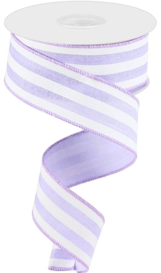 10 Yards - 1.5" Wired Lavender and White Stripe Ribbon