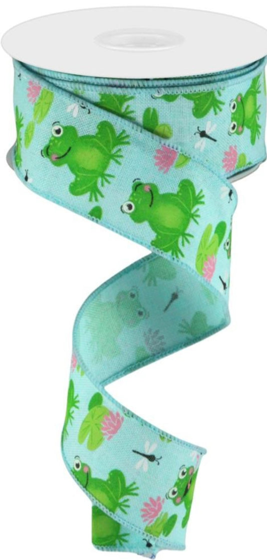 10 Yards - 1.5" Wired Blue Background Frog and Lily Pad Ribbon