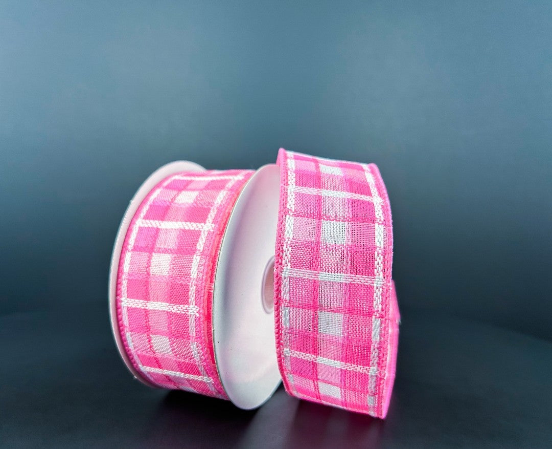 10 Yards - 1.5" Wired Pink and White Check Ribbon