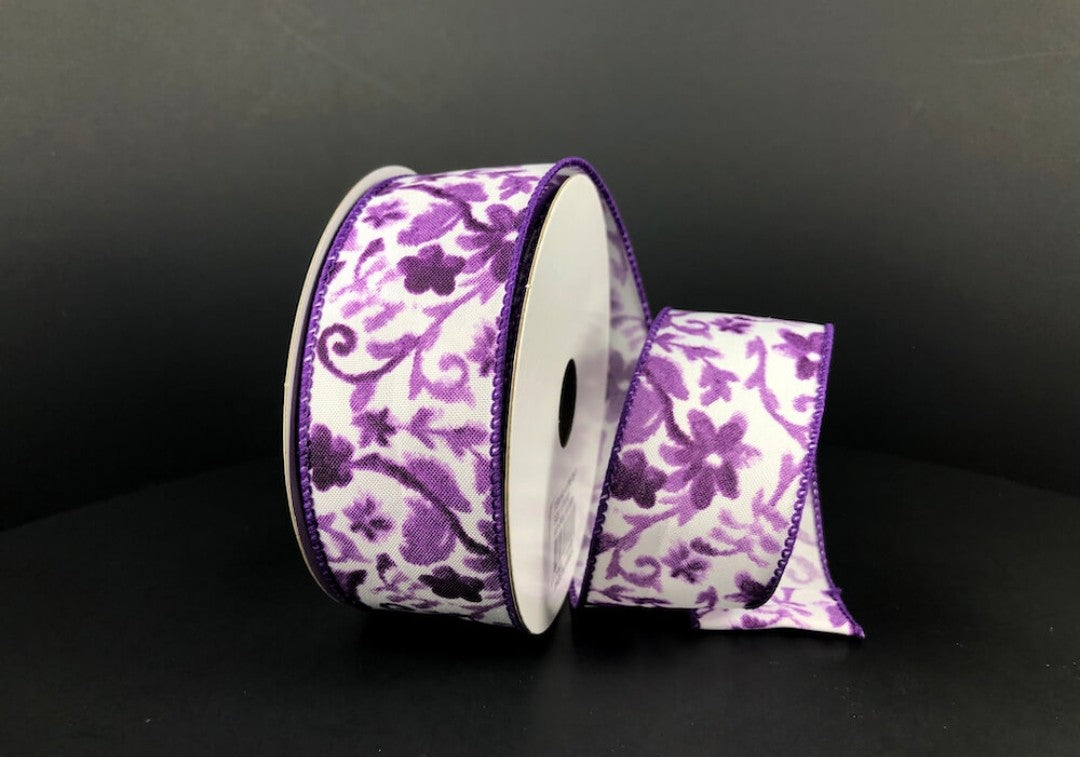 10 Yards - 1.5" Wired White Background Purple Floral Ribbon