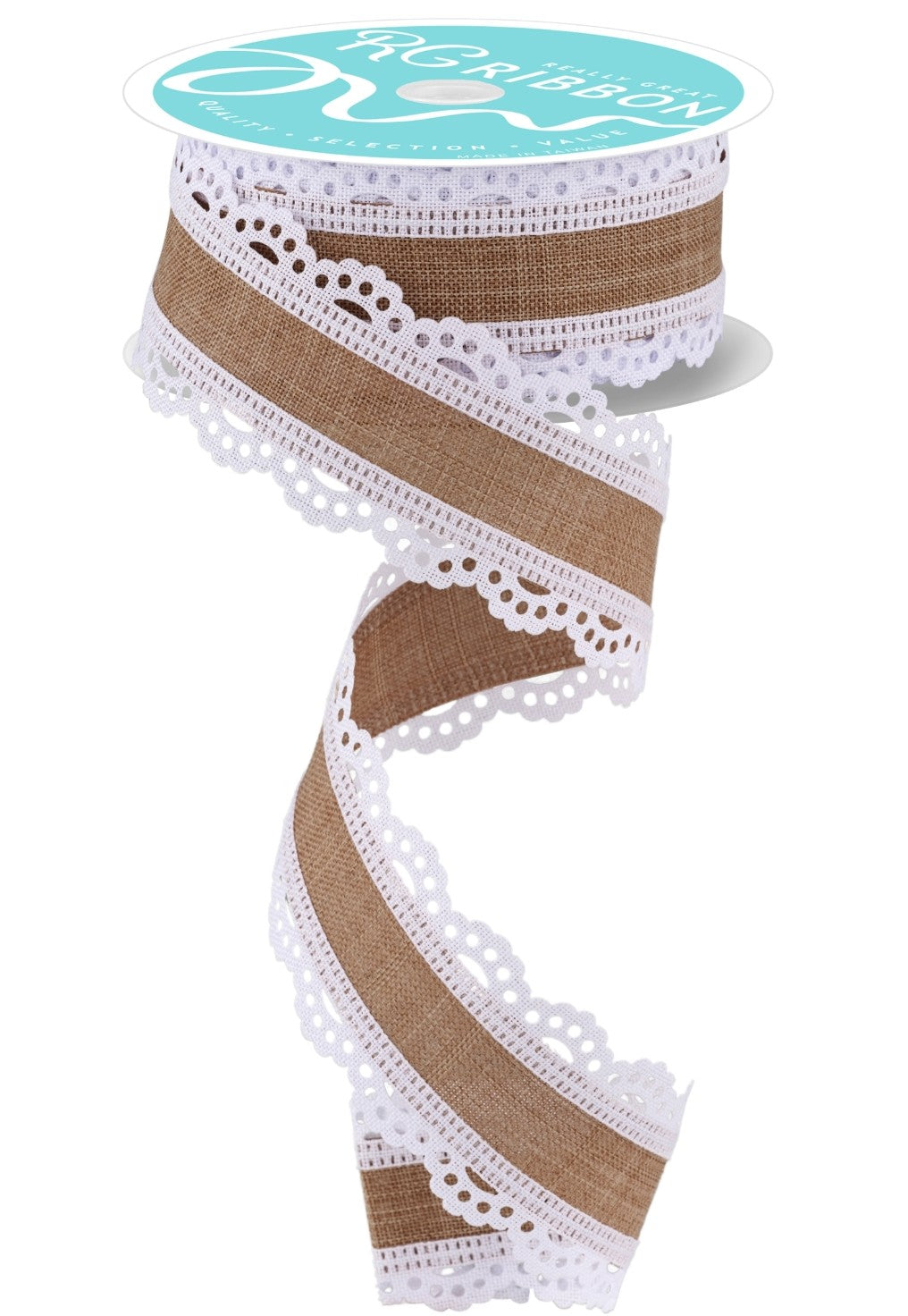 10 Yards - 1.5" Wired Natural Background with Lace Edge Ribbon