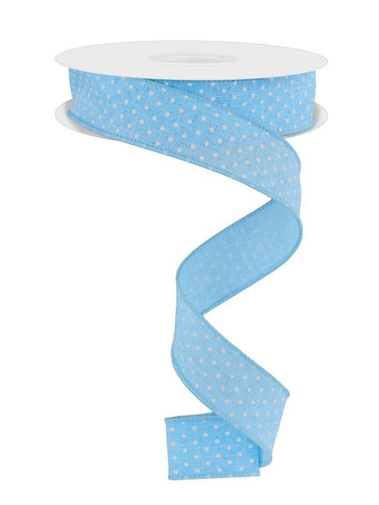 10 Yards - 7/8" Wired Light Blue and White Swiss Dot Ribbon