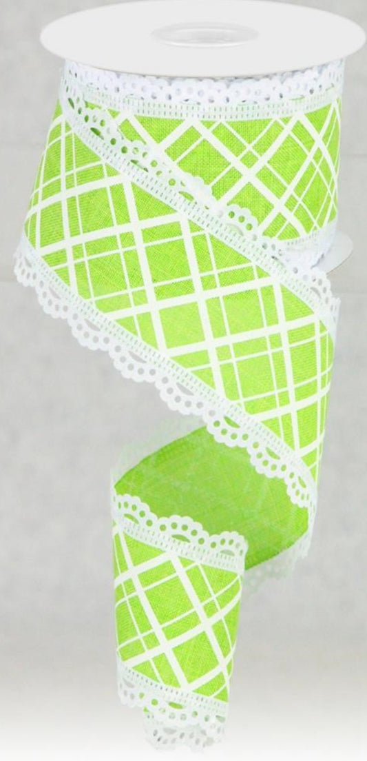 10 Yards - 2.5" Wired Lime Green and White Cross Plaid Ribbon with Lace Edge