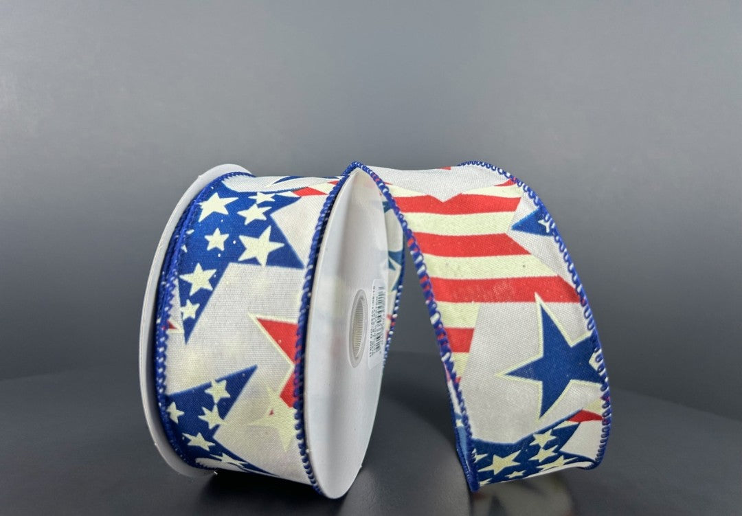 10 Yards - 1.5" Wired Cream Background Patriotic Star Ribbon