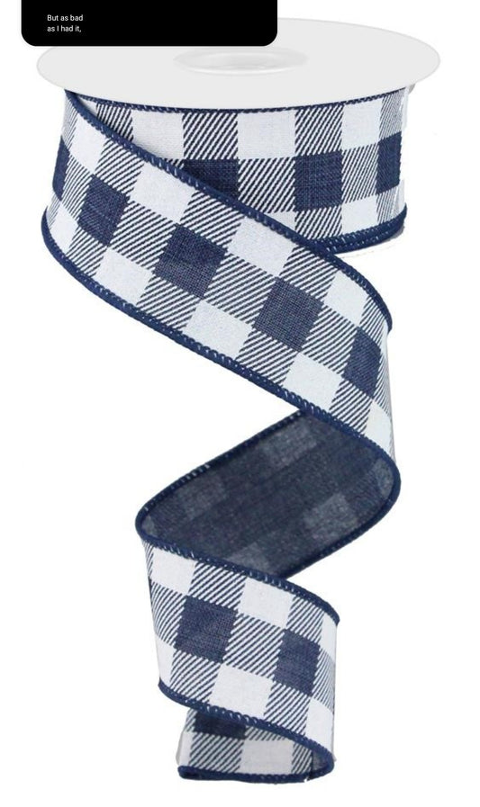 10 Yards - 1.5” Wired Navy Blue and White Check Ribbon