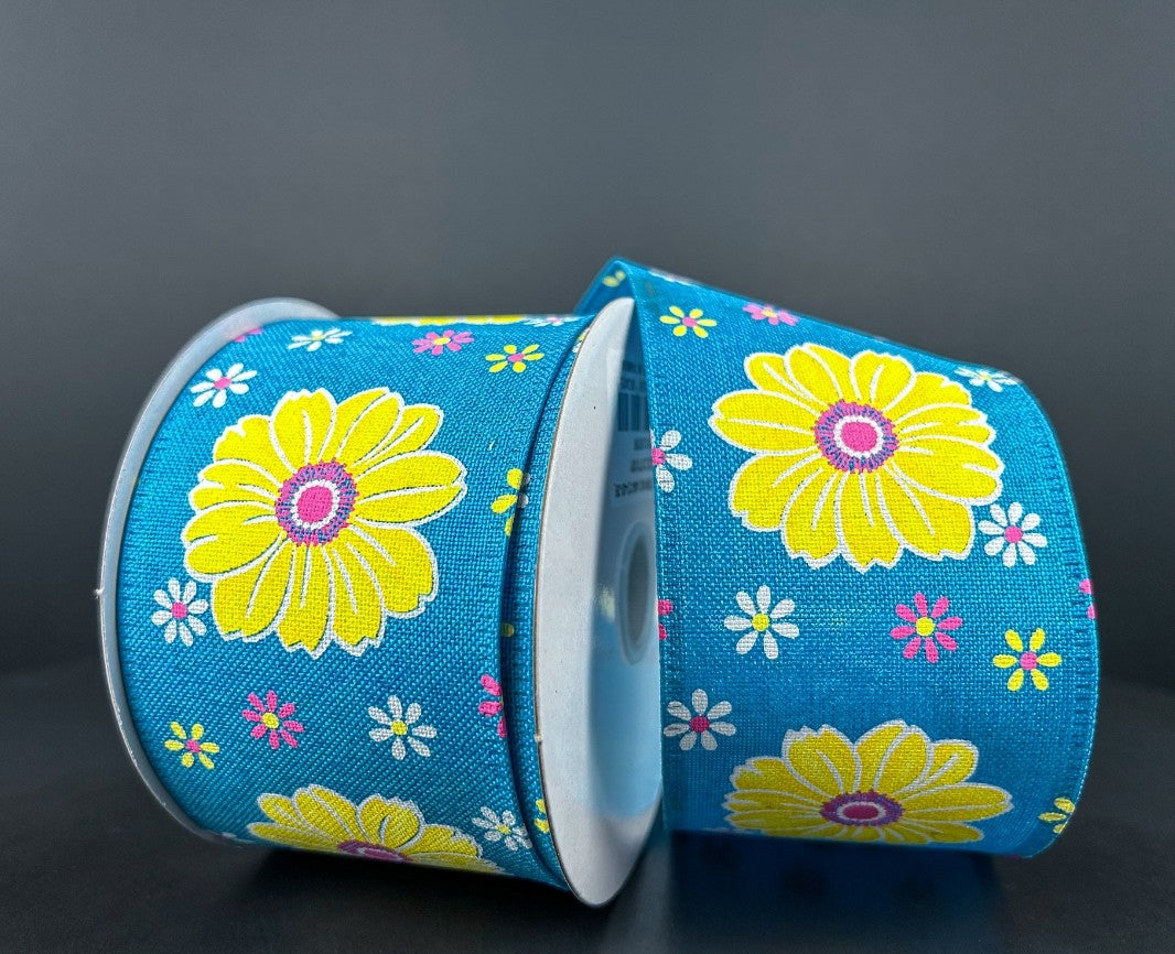 10 Yards - 2.5" Wired Blue Background Sunflower Ribbon