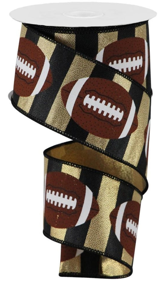 10 Yards - 2.5" Wired Black and Metallic Gold Stripe Football Ribbon