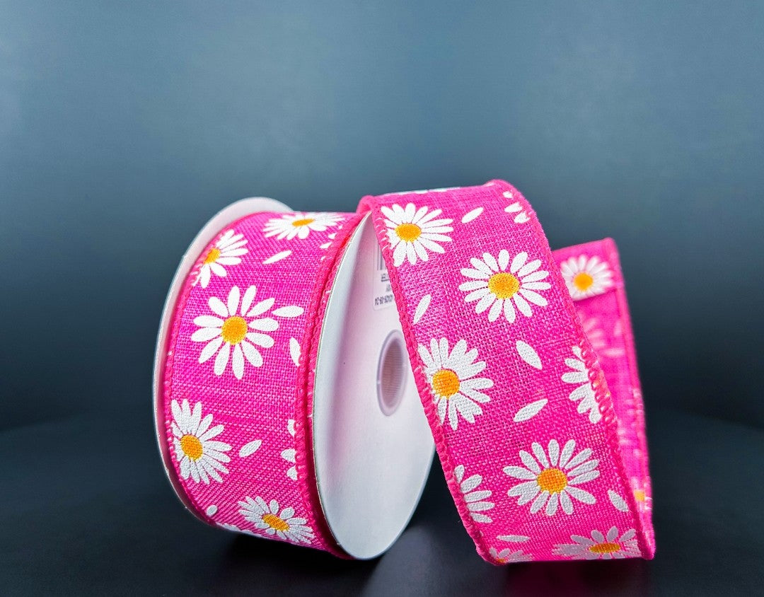 10 Yards - 1.5" Wired Fuschia Pink Background Daisy Floral Ribbon