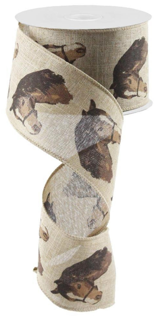 10 Yards - 2.5" Wired Natural Background Horse Ribbon