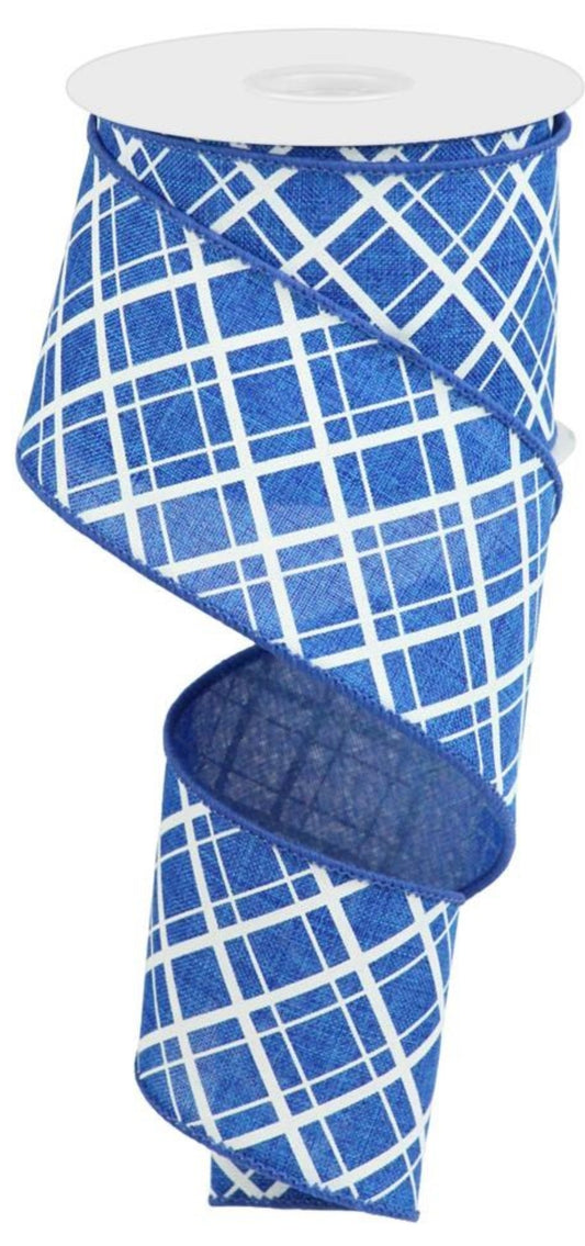 10 Yards - 2.5" Wired Royal Blue and White Cross Plaid Ribbon