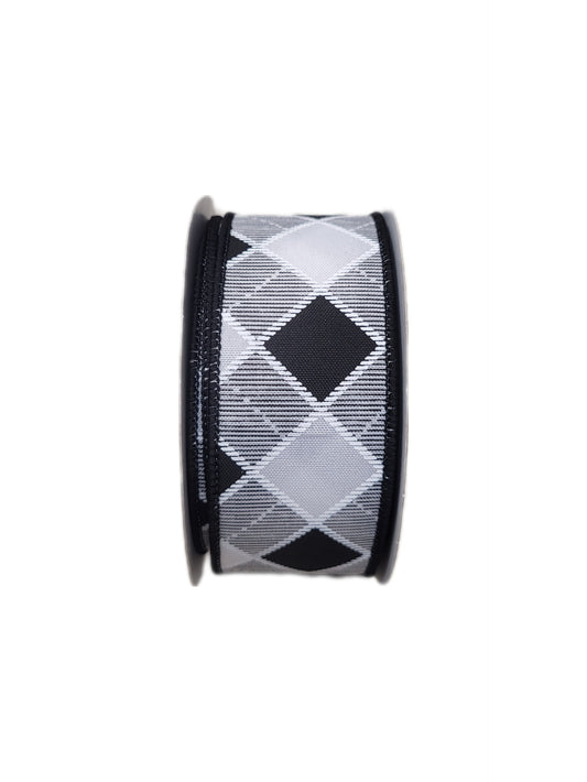 10 Yards - 1.5" Wired Black and White Diagonal Check Ribbon