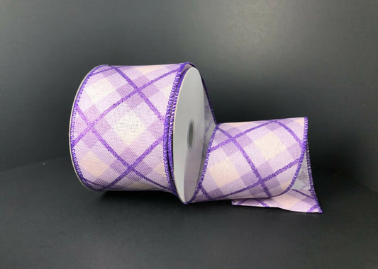 10 Yards - 2.5" Wired Multi-Tone Purple Diagonal Check Ribbon with Glitter Accent