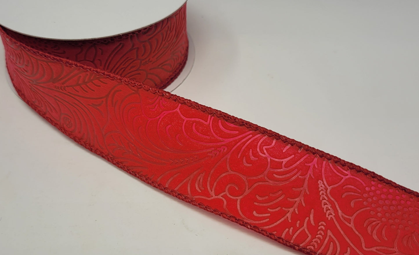 10 Yards - 1.5" Wired Red Floral Embossed Ribbon