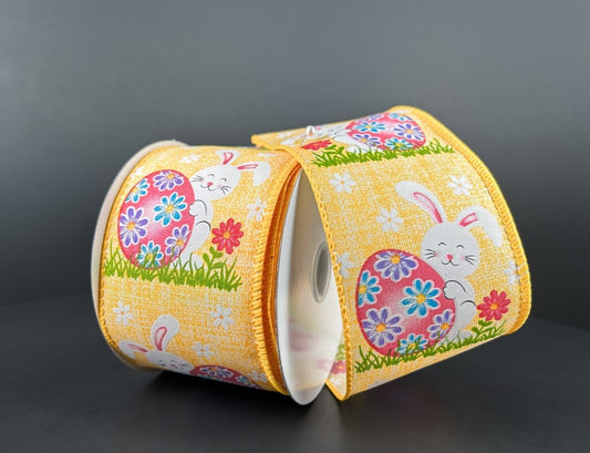 10 Yards - 2.5" Wired Yellow Background Easter Bunny with Egg Ribbon