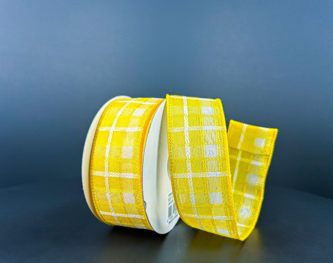 10 Yards - 1.5" Wired Yellow and White Check Ribbon