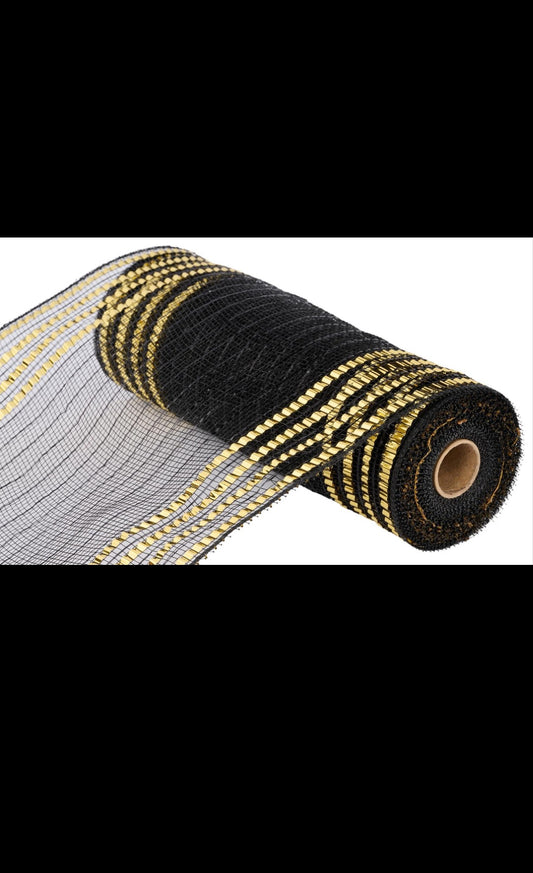 10.5"x10YD Black and Gold Wide Foil Stripe Mesh