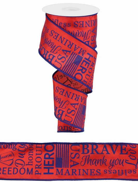 10 Yards - 2.5" Wired Satin Red and Blue Marines Military Ribbon