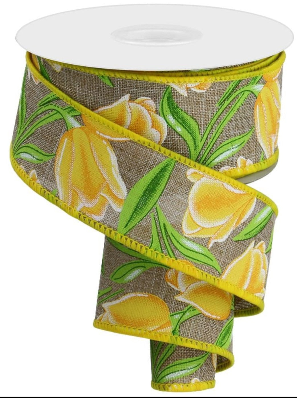 10 Yards - 1.5" Wired Natural Background Yellow Tulip Ribbon