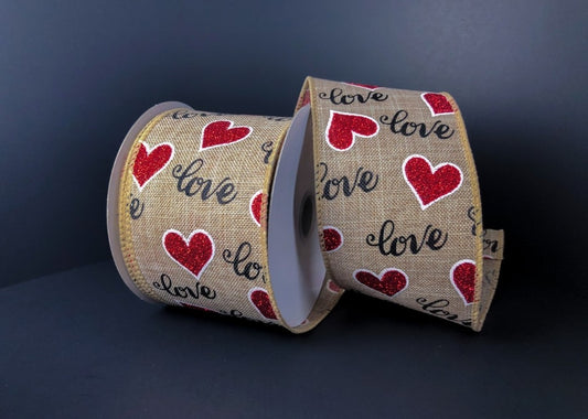 10 Yards - 2.5" Natural Background Glitter Love Heart Valentines Day Ribbon