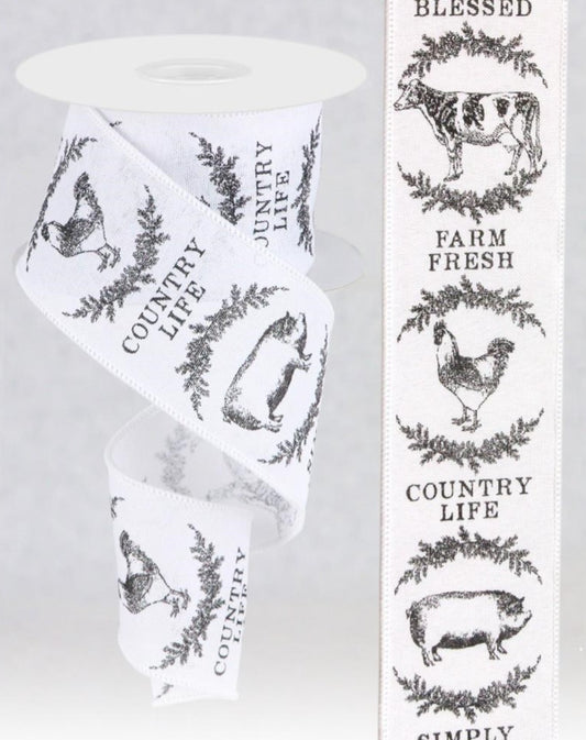 10 Yards - 2.5" Wired Black and White Farm Fresh Chicken, Cow, and Pig Ribbon