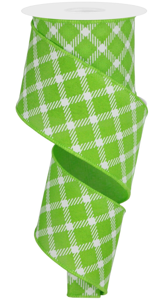 10 Yards - 2.5" Wired Lime Green and White Cross Plaid Ribbon