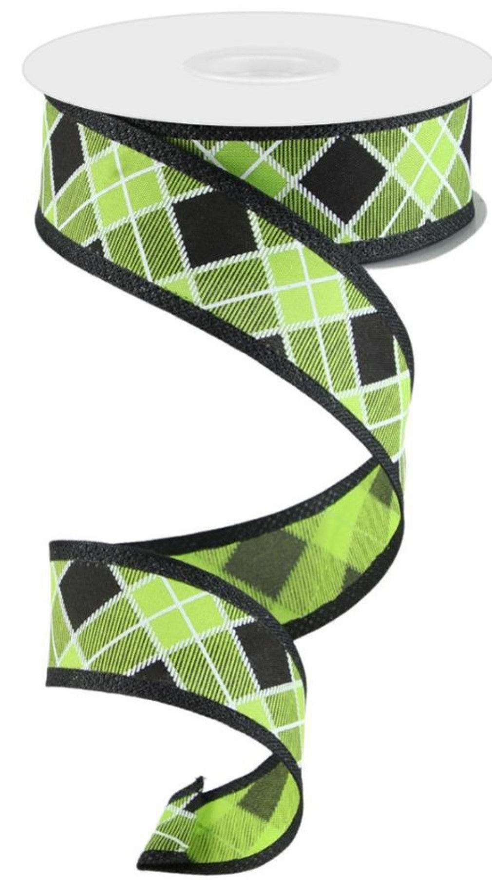 10 Yards - 1.5" Wired Lime Green, Black, and White Cross Plaid Ribbon