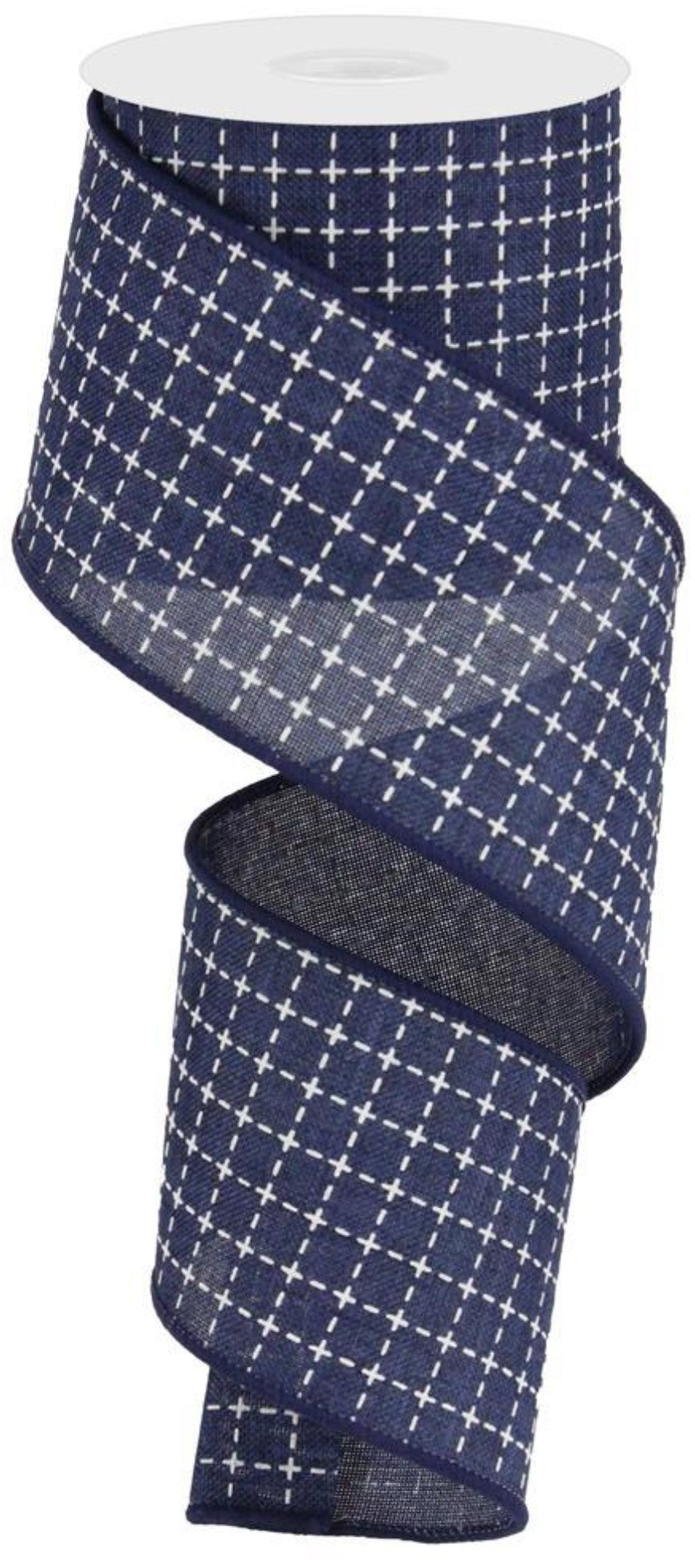 10 Yards - 2.5" Wired Navy Blue and White Faux Stitched Check Ribbon