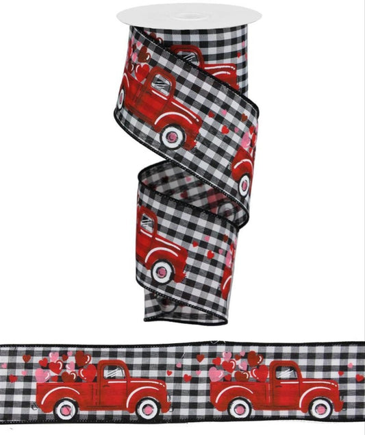 10 Yards - 2.5” Wired Black and White Check Red Truck Valentines Day Ribbon