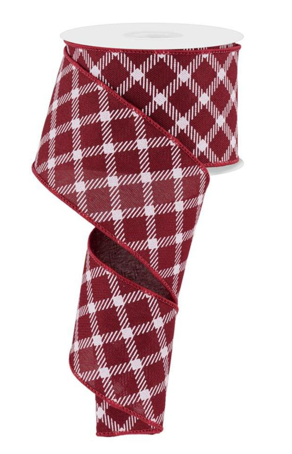 10 Yards - 2.5" Wired Burgundy and White Cross Plaid Ribbon