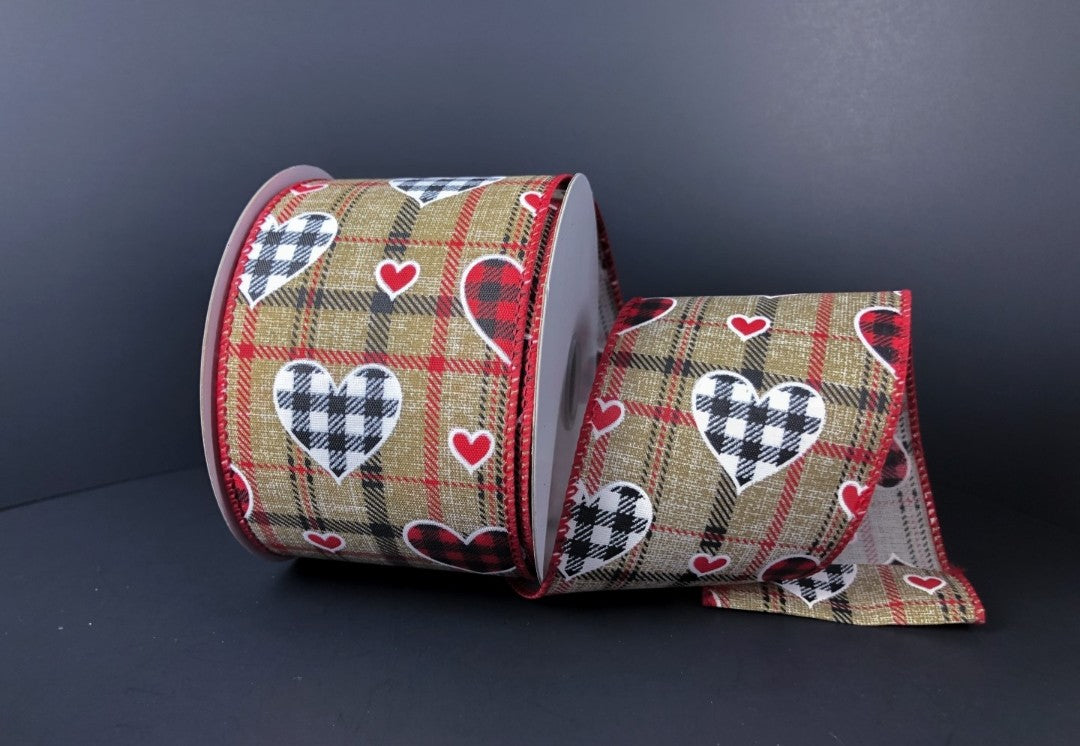 10 Yards - 2.5" Wired Natural Background Plaid Background Check Hearts Valentines Day Ribbon