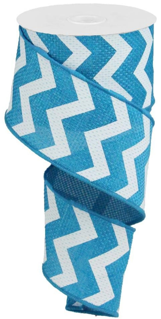 10 Yards - 2.5" Wired Turquoise Blue and White Chevron Ribbon